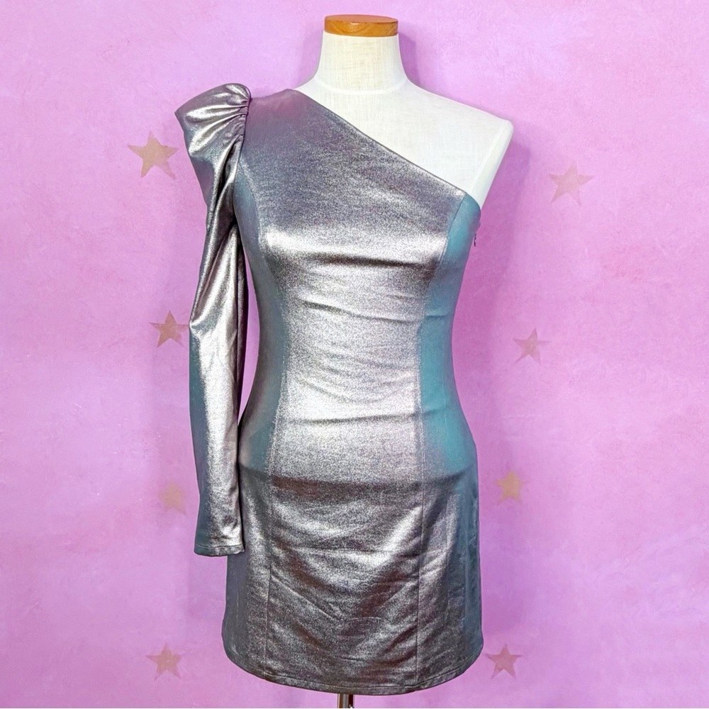 Lovers + Friends Mallory Pewter Metallic Dress Bold Flirty 80s Baddie Look Small